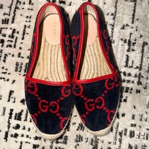 Gucci Navy and Red GG Terry Cloth Espadrille Flats With Leather Trim